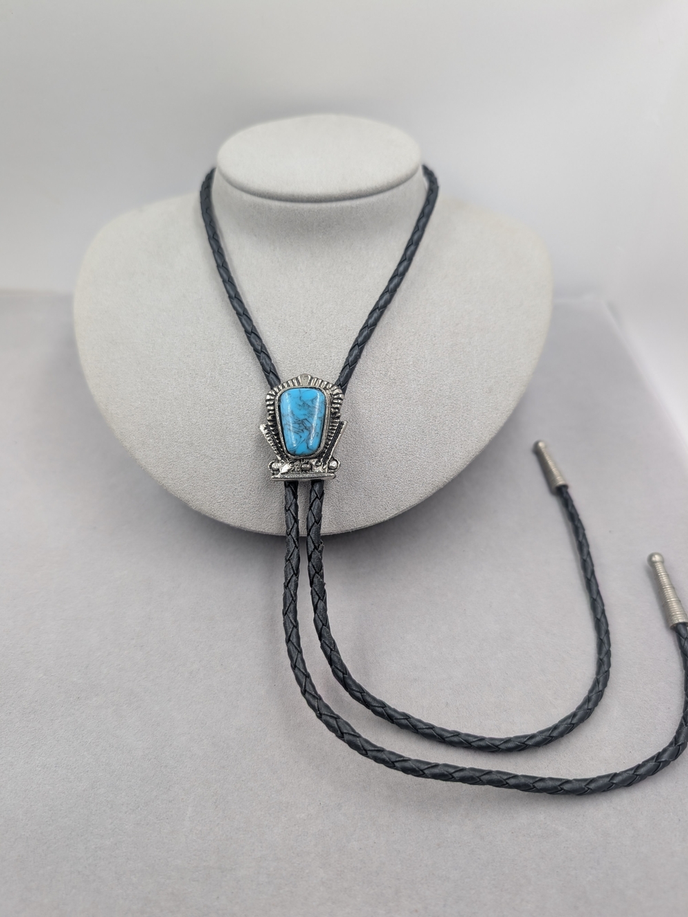 Turquoise Stone Bolo Tie with Black Braided Cord